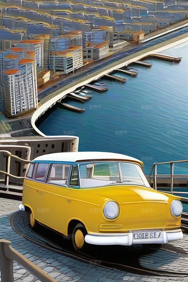 蓝海奇观汽车船只与建筑的激情场景