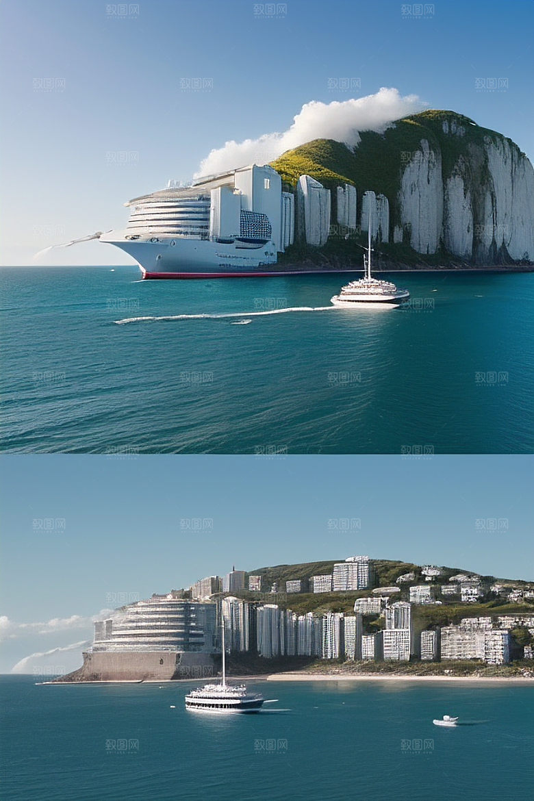 蓝海奇观汽车船只与建筑的激情场景
