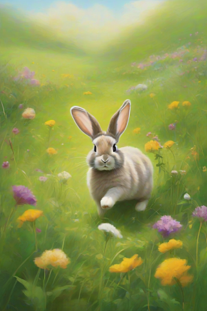 轻快跳跃的兔子与美丽草原