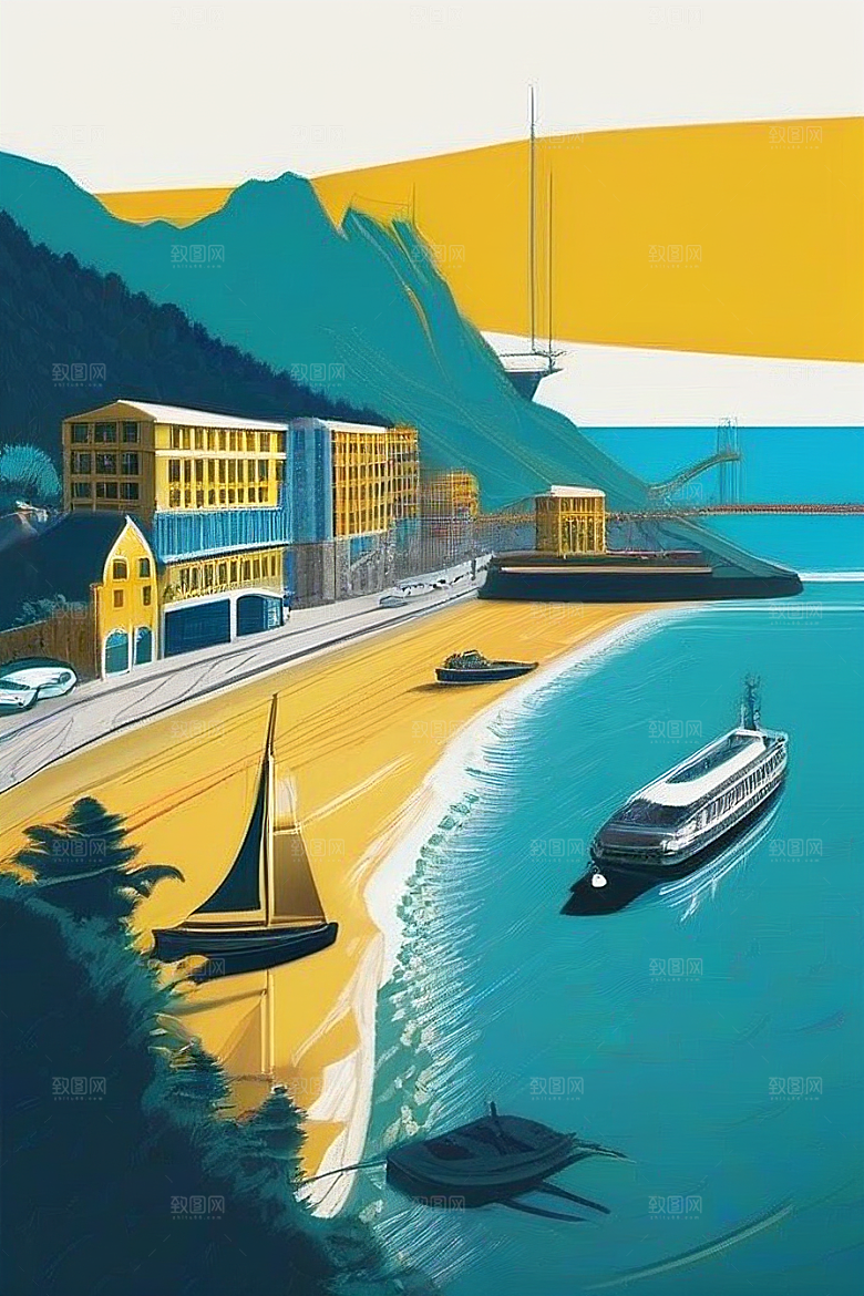 海岸风情融合自然与人文魅力的动态场景