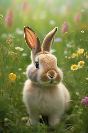缤纷色彩中的可爱兔子