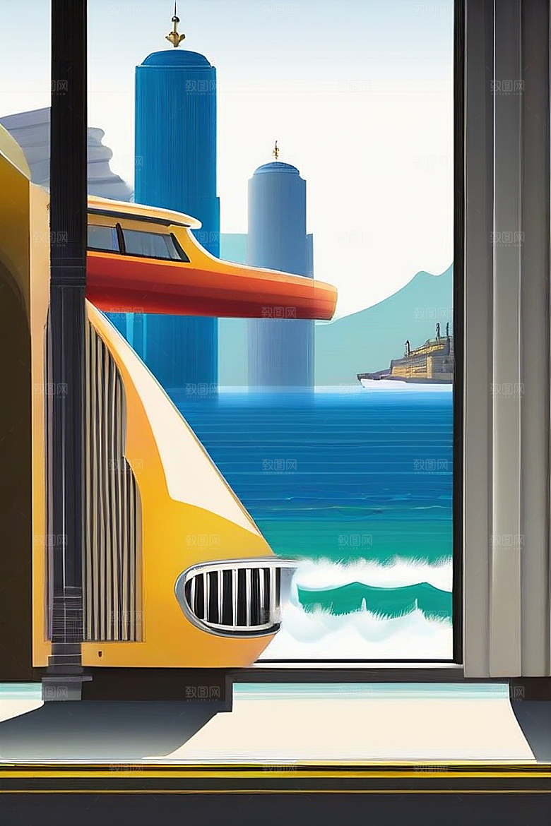 蓝海奇遇汽车船只与建筑的激情场景