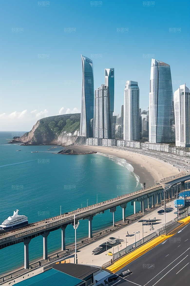 蓝海奇遇汽车船只与建筑的激情场景