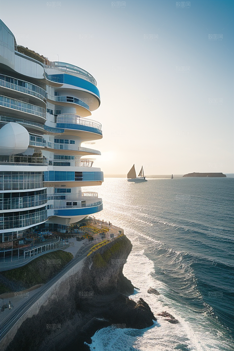 海滨风情汽车船只与建筑的激情交织