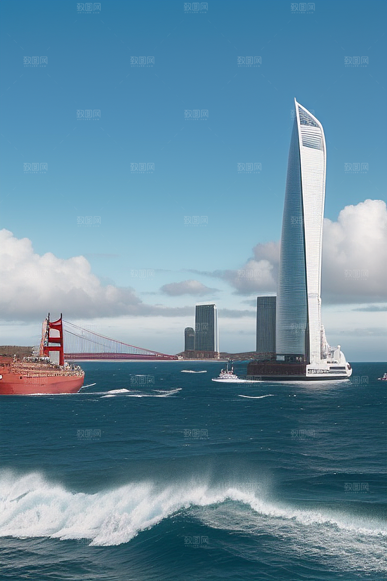 海滨风情汽车船只与建筑的激情交织