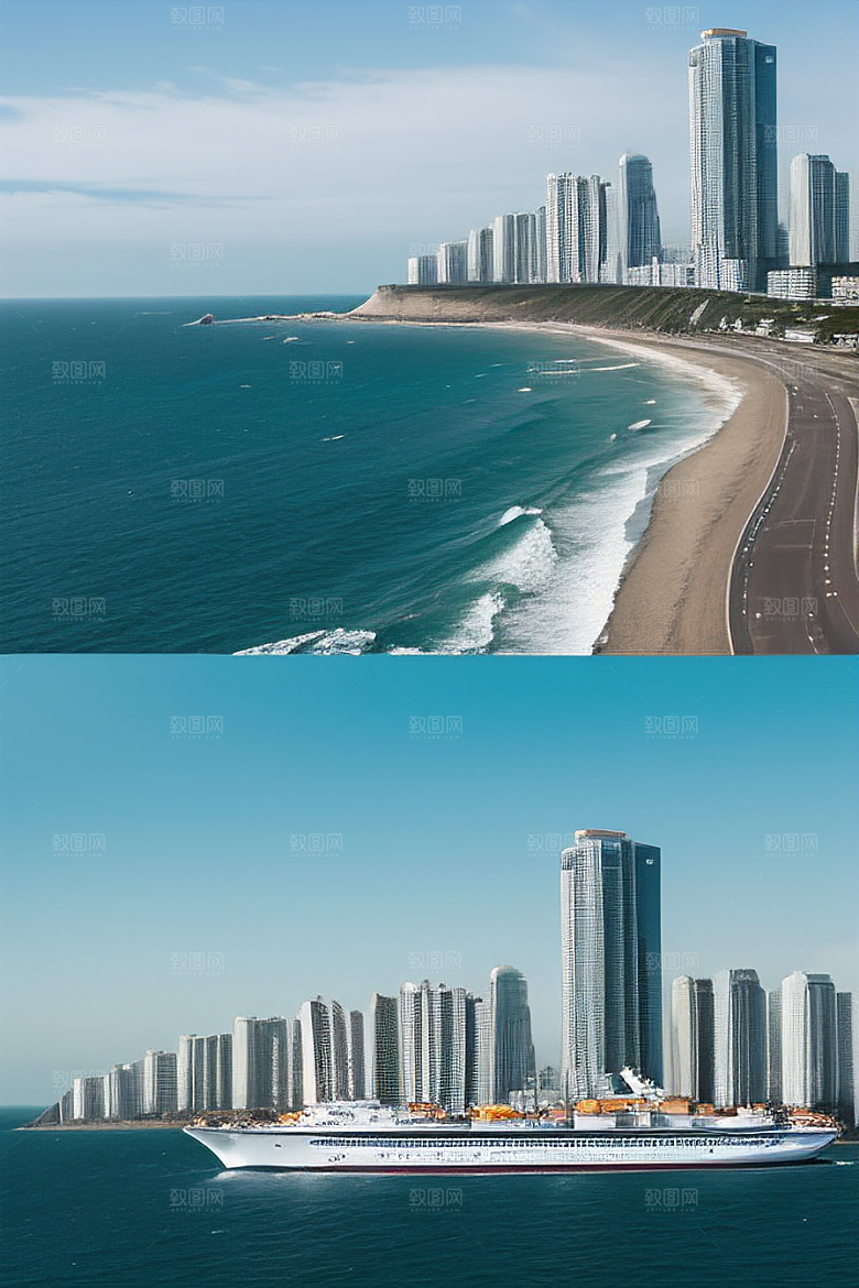 海滨风情汽车船只与建筑的激情交织
