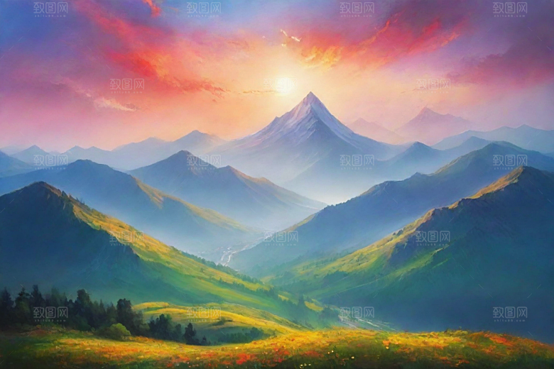 森林花草山顶自然风光