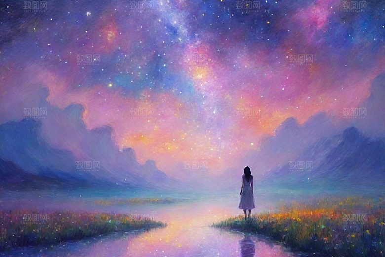 梦幻星空女孩背影的插画世界