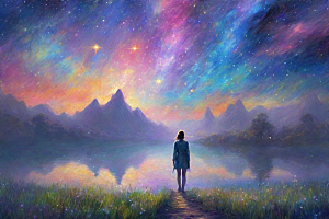 梦幻星空女孩背影的插画世界