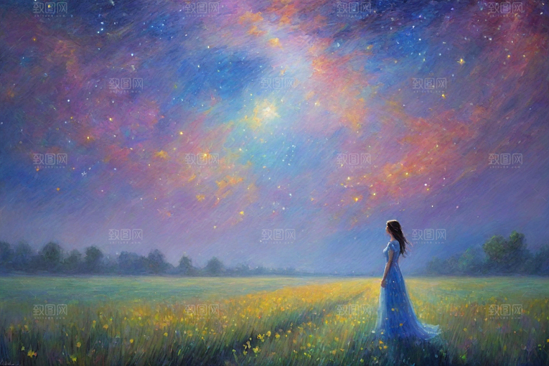 梵高风格的星空女孩插画