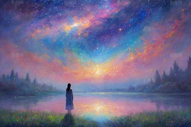 梵高风格的星空女孩插画