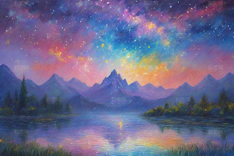 梵高风格的星空女孩插画