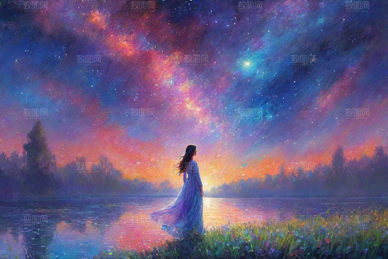 梵高风格的星空女孩插画