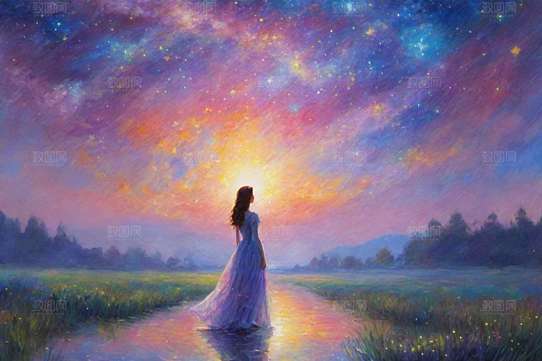 梵高风格的星空女孩插画