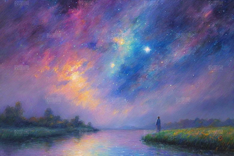 梵高风格的星空女孩插画