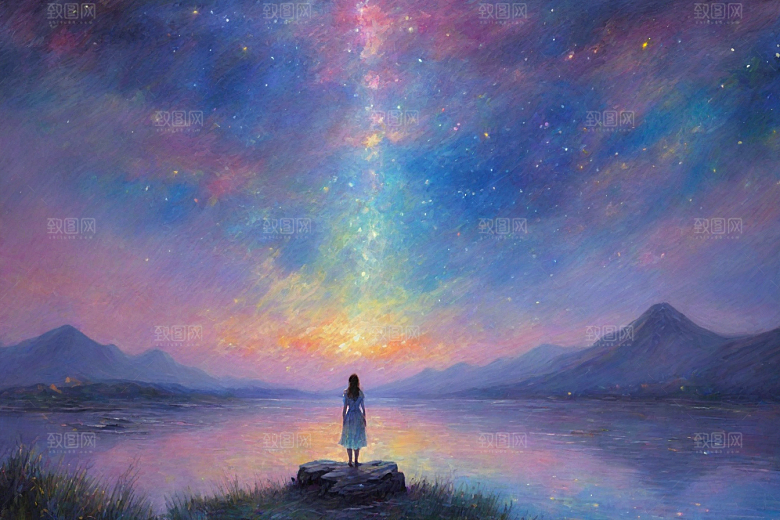 梵高风格的星空女孩插画