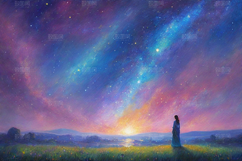梵高风格的星空女孩插画