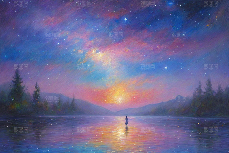 梵高风格的星空女孩插画