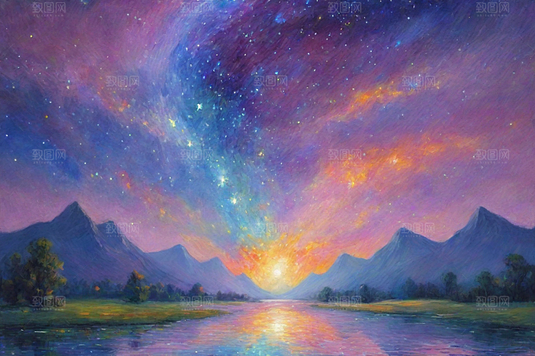 梵高风格的星空女孩插画