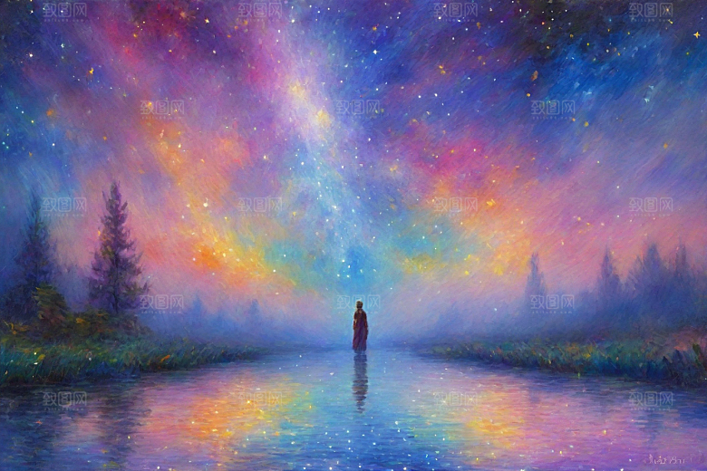梵高风格的星空女孩插画