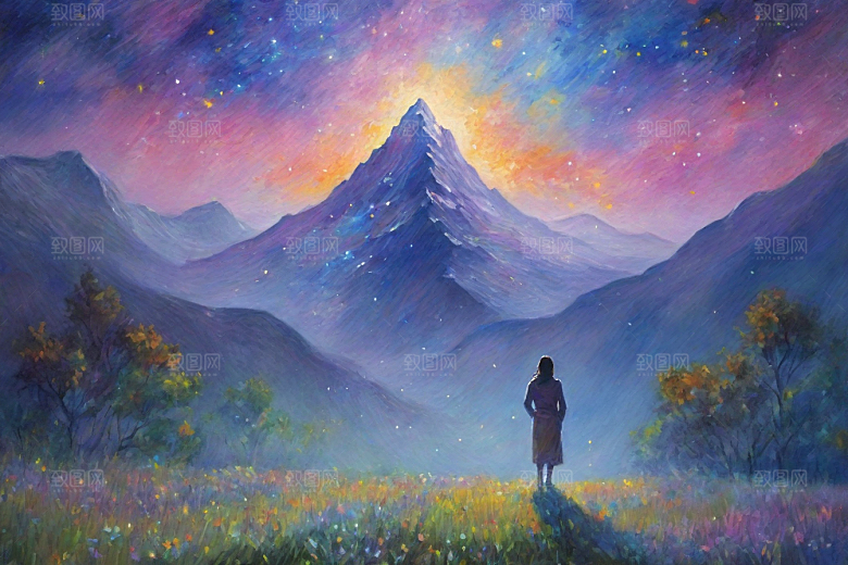 星光梦幻星空女孩的背影插画
