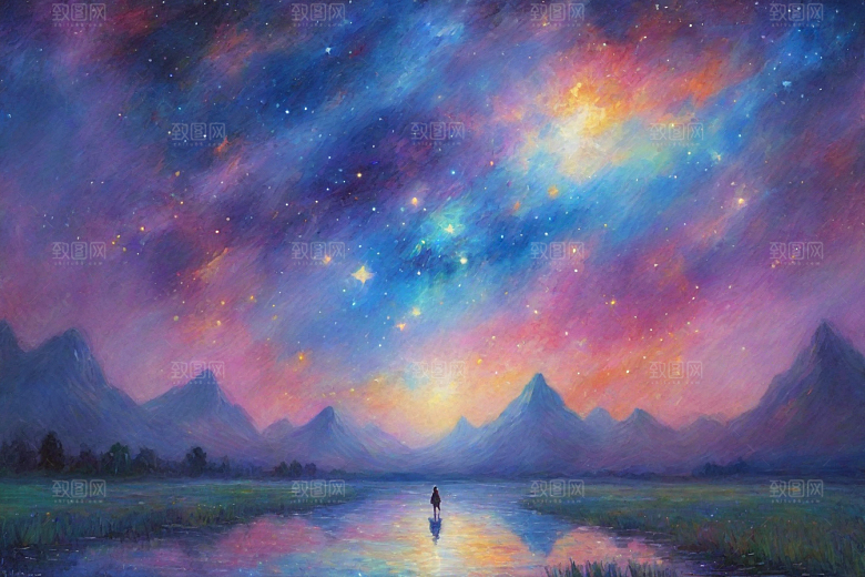 星光梦幻星空女孩的背影插画