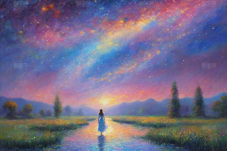 星光梦幻星空女孩的背影插画