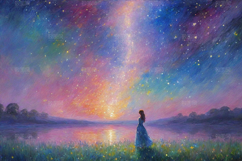 星光梦幻星空女孩的背影插画