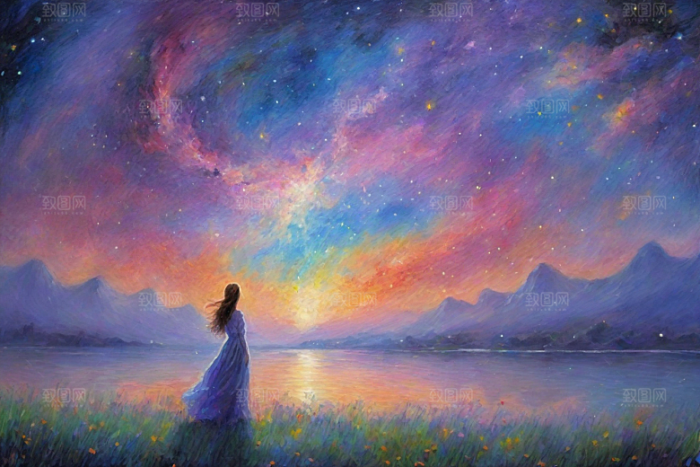 星光梦幻星空女孩的背影插画