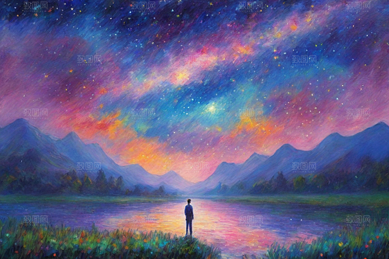 星光梦幻星空女孩的背影插画
