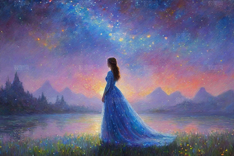 星光梦幻星空女孩的背影插画
