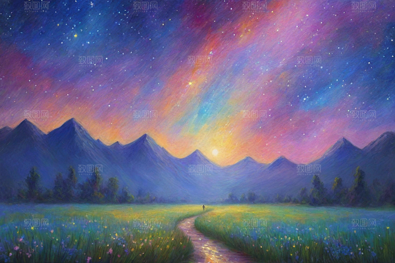 星光梦幻星空女孩的背影插画