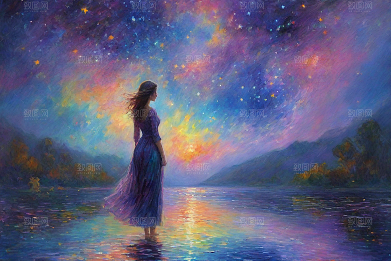 星光点点梵高风格的梦幻女孩背影插画