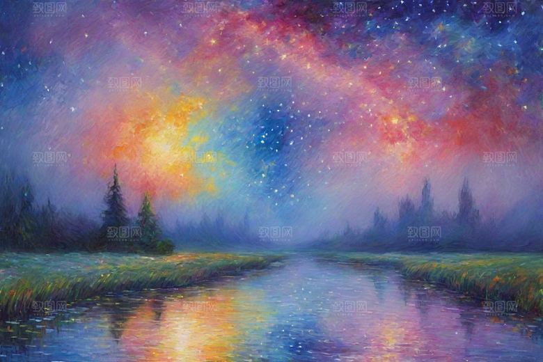 星光点点梵高风格的梦幻女孩背影插画