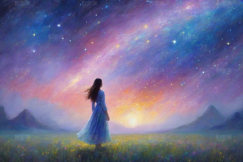 星光点点梵高风格的梦幻女孩背影插画