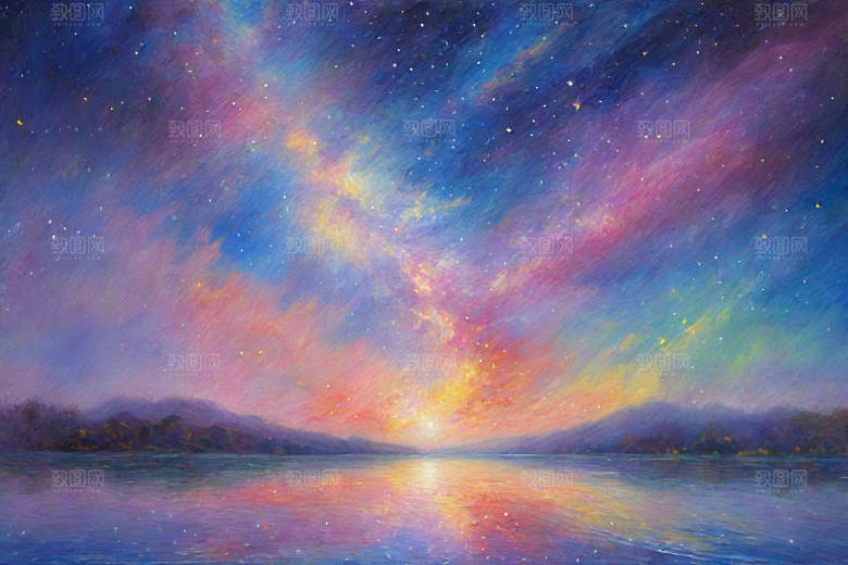星光点点梵高风格的梦幻女孩背影插画