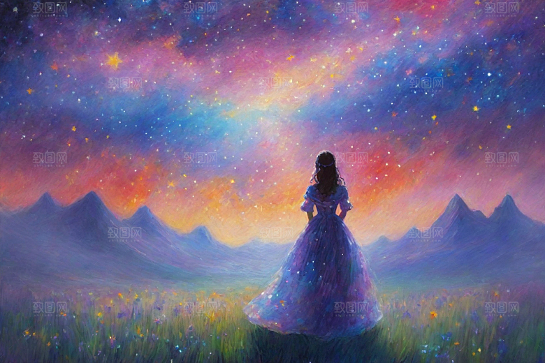 星光点点梵高风格的梦幻女孩背影插画