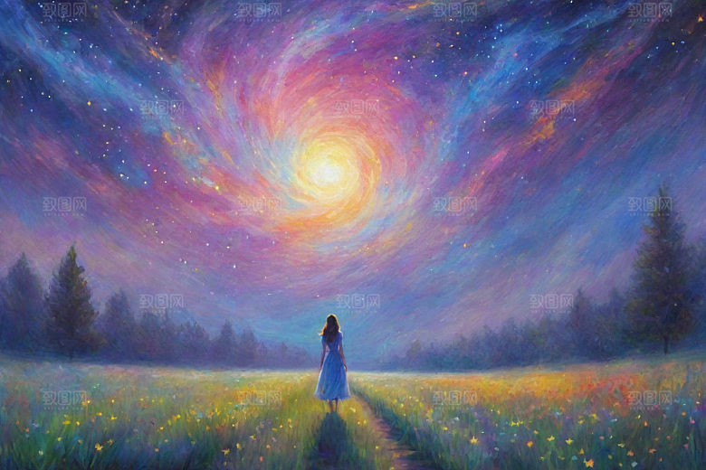 星光点点梵高风格的梦幻女孩背影插画