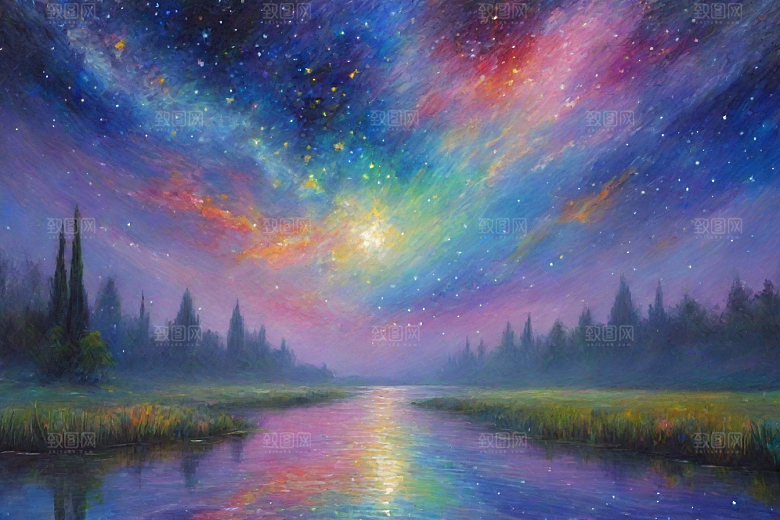 星光点点梵高风格的梦幻女孩背影插画