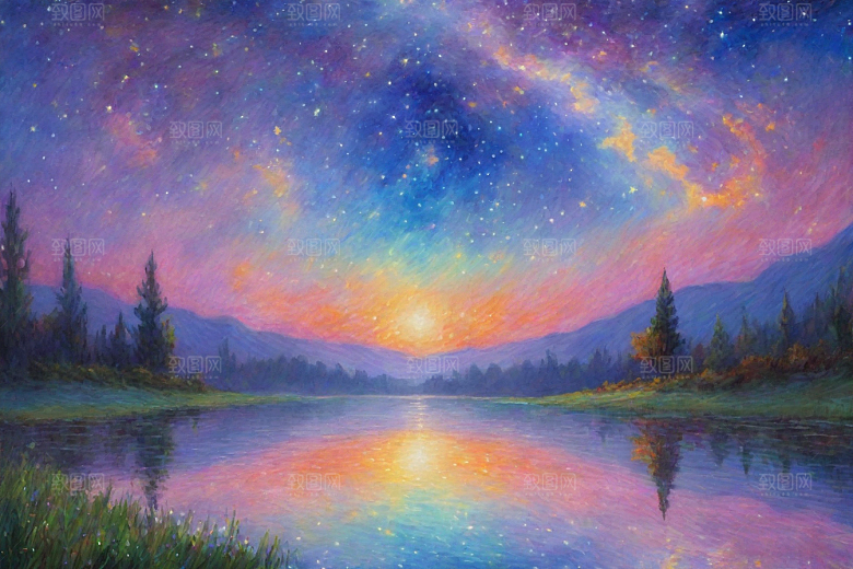 星光点点梵高风格的梦幻女孩背影插画
