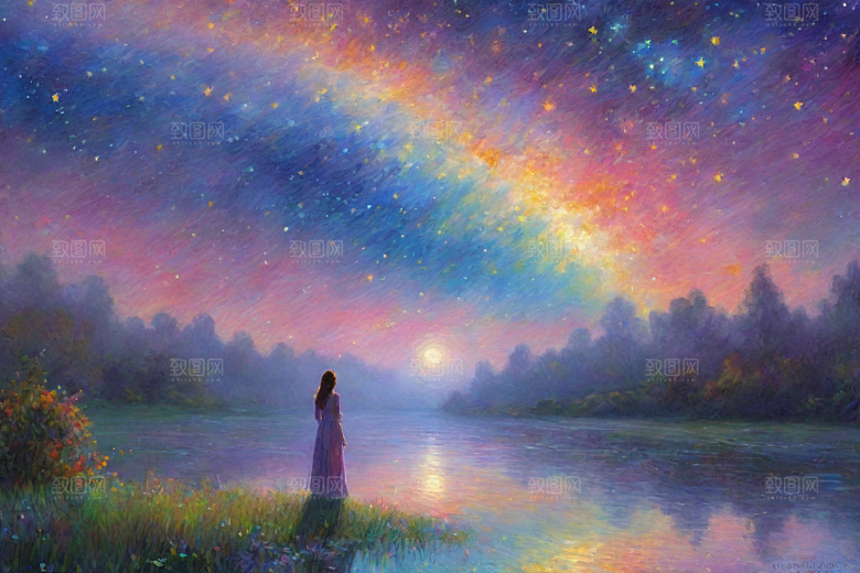 星光点点梵高风格的梦幻女孩背影插画