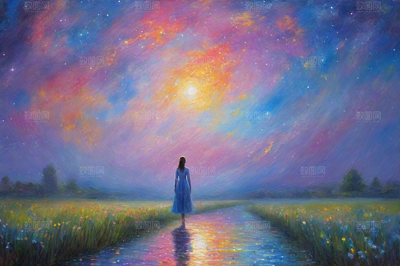 星光点点梵高风格的梦幻女孩背影插画