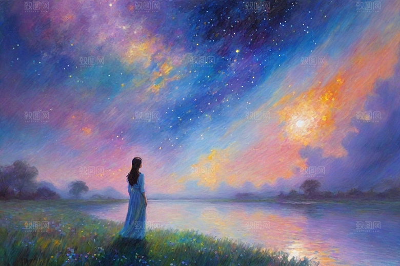 星光点点梵高风格的梦幻女孩背影插画