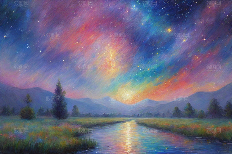 星光点点梵高风格的梦幻女孩背影插画