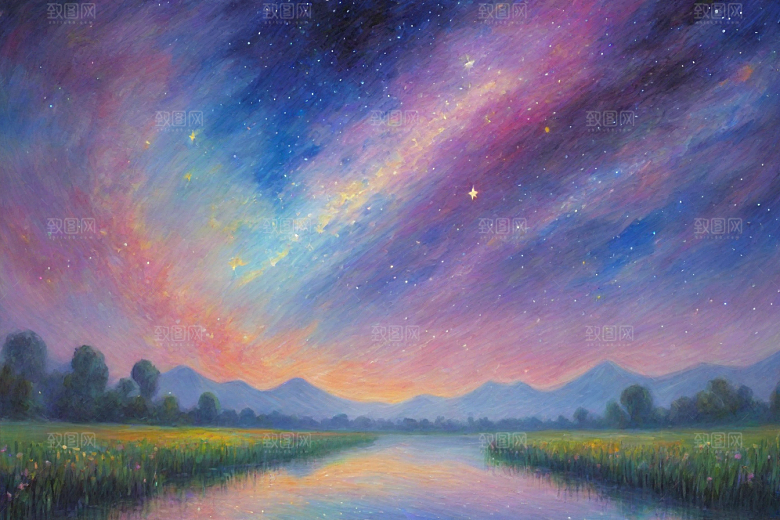 梦幻星空下的女孩背影梵高风格的星光插画