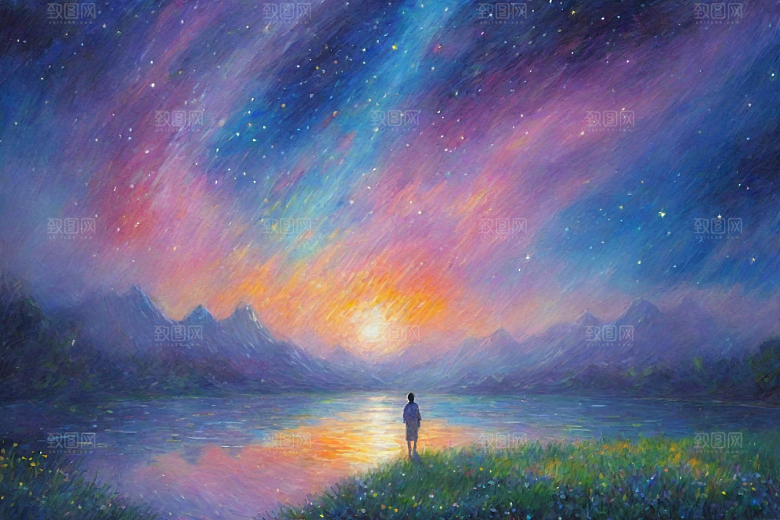 梦幻星空下的女孩背影梵高风格的星光插画