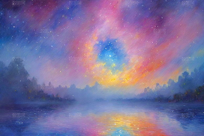 梦幻星空下的女孩背影梵高风格的星光插画