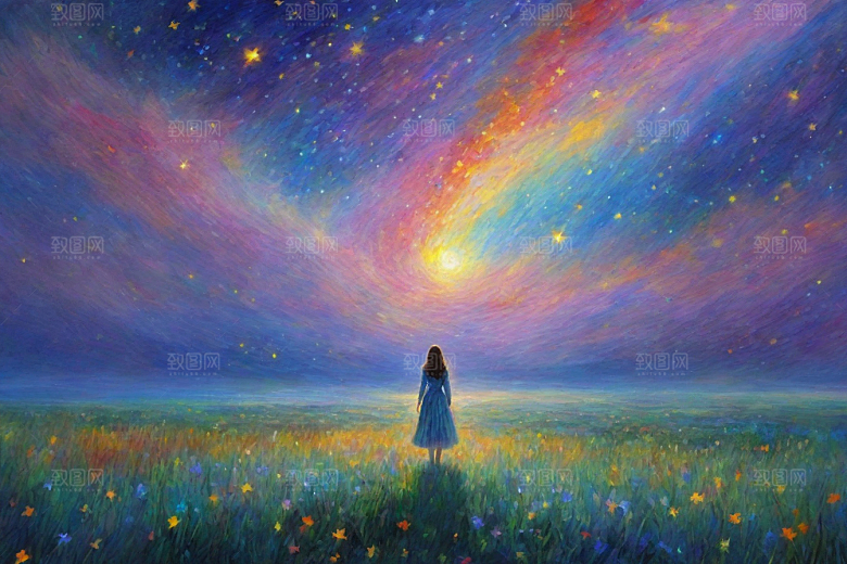 梦幻星空下的女孩背影梵高风格的星光插画