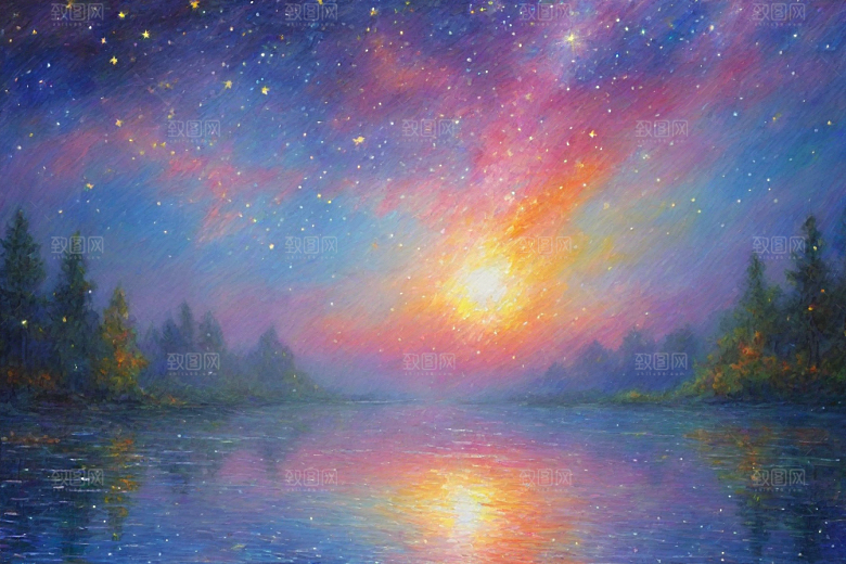 梦幻星空下的女孩背影梵高风格的星光插画