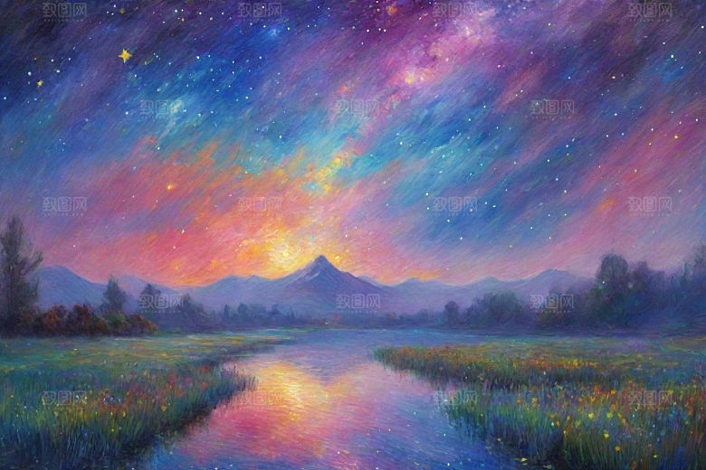 梦幻星空下的女孩背影梵高风格的星光插画